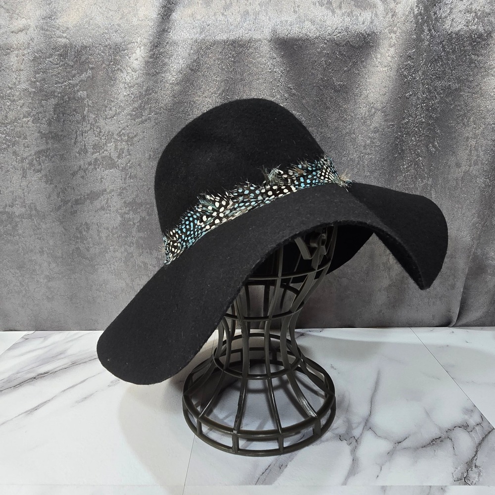 American Eagle Outfitters Black 100% Wool Wide Brim Fedora Hat Feather Trim OS
